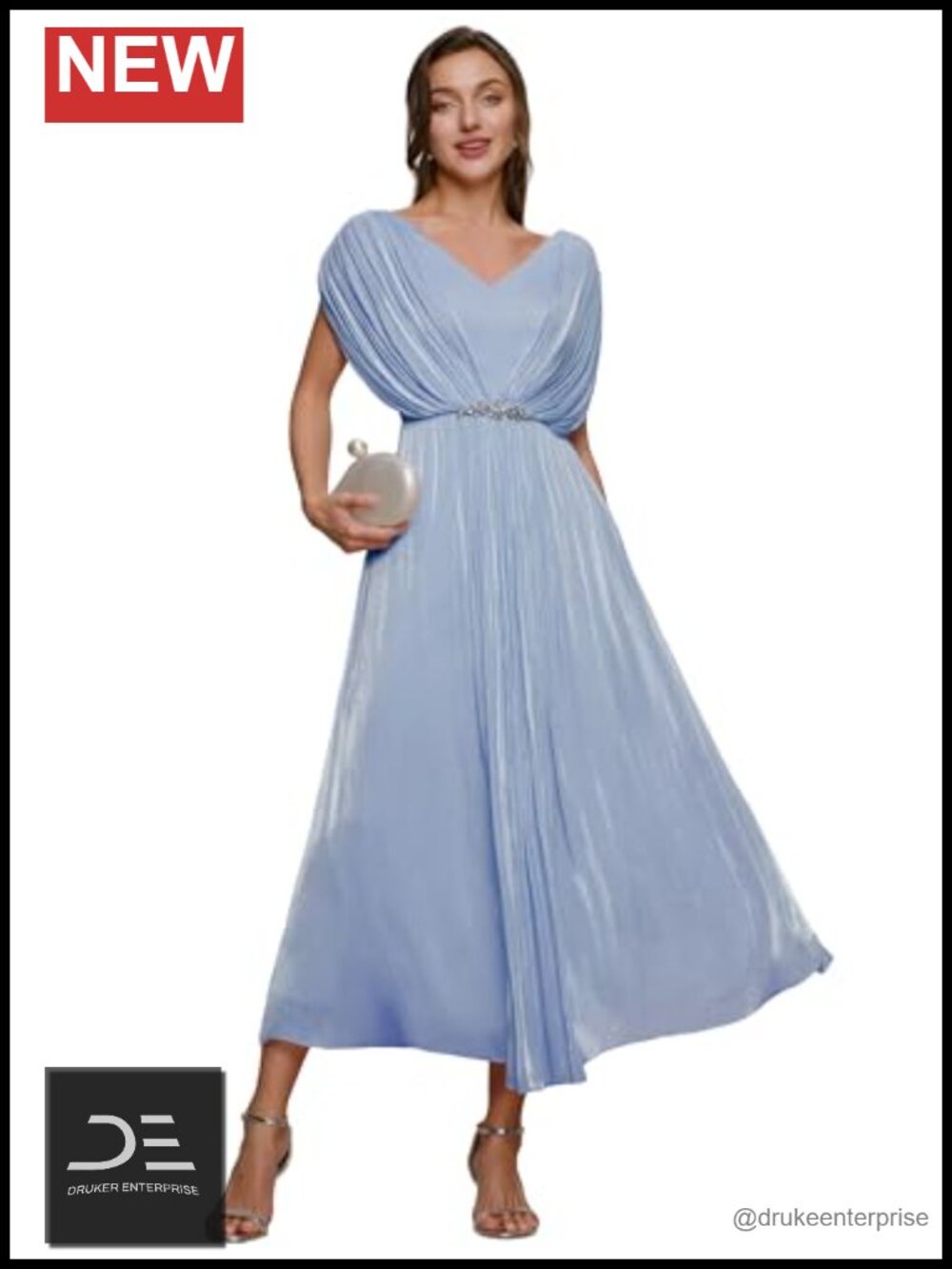 V Neck Midi Formal Wedding Guest Dress Batwing Short Sleeve Flowy A-Line
